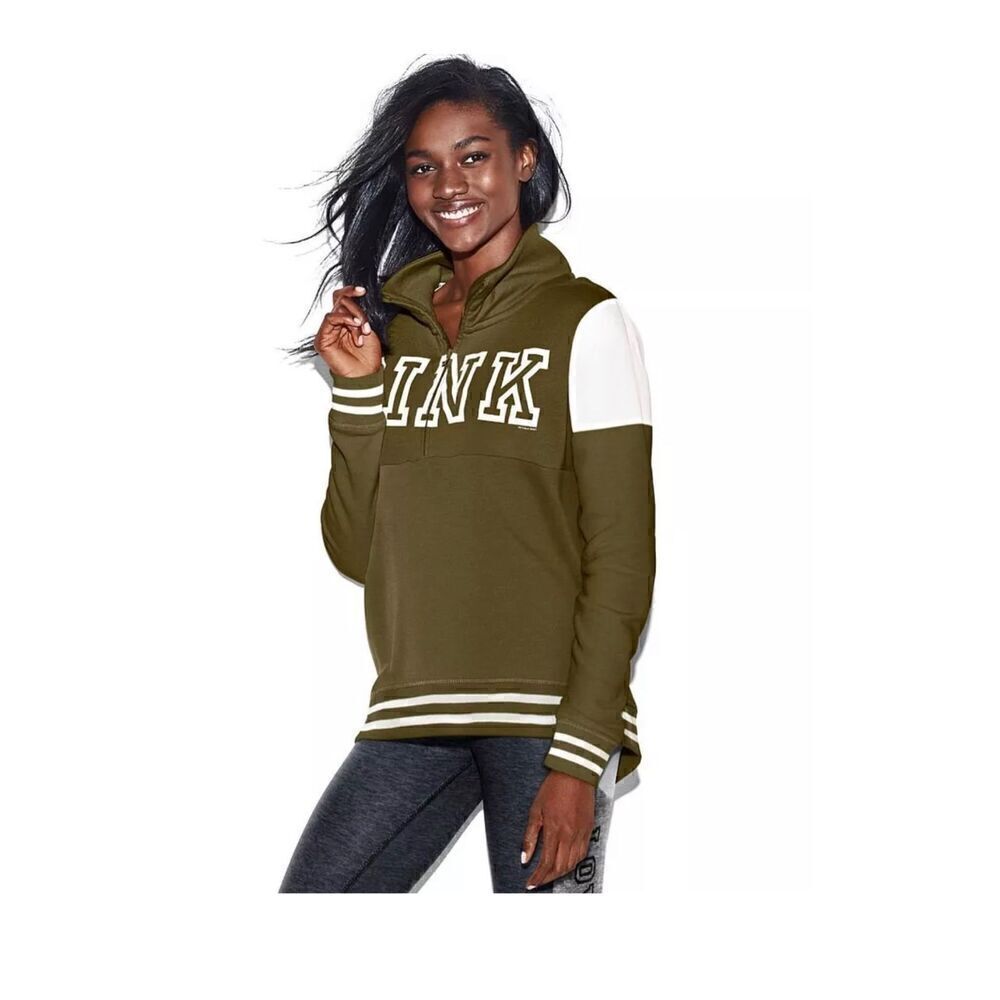 Victoria Secret Pink Olive Green 1/4 zip Pull over sweater Jacket Size XS